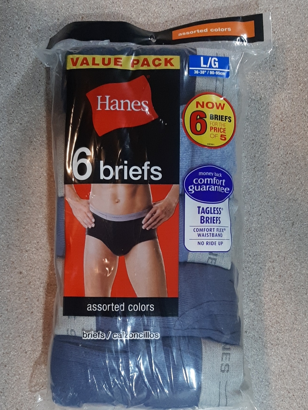 Hanes 6 Tagless Briefs Men's Large 36-38" New in Package